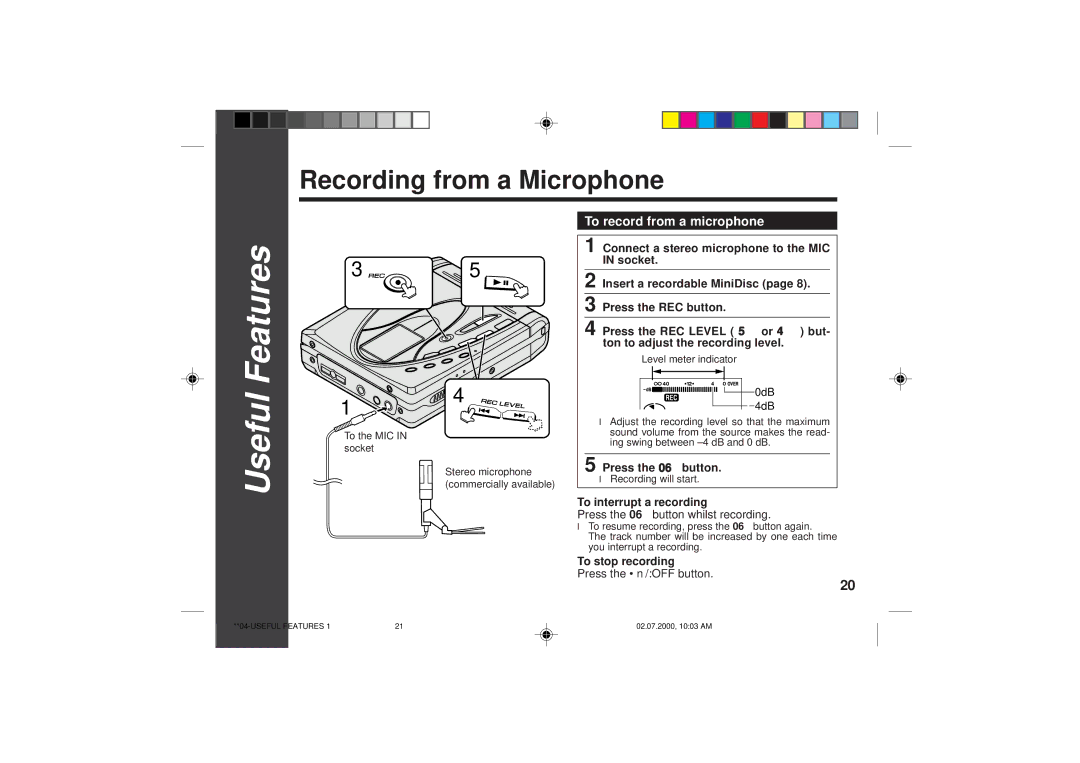 Sharp MD-SR60E Recording from a Microphone, To record from a microphone, To interrupt a recording, Recording will start 