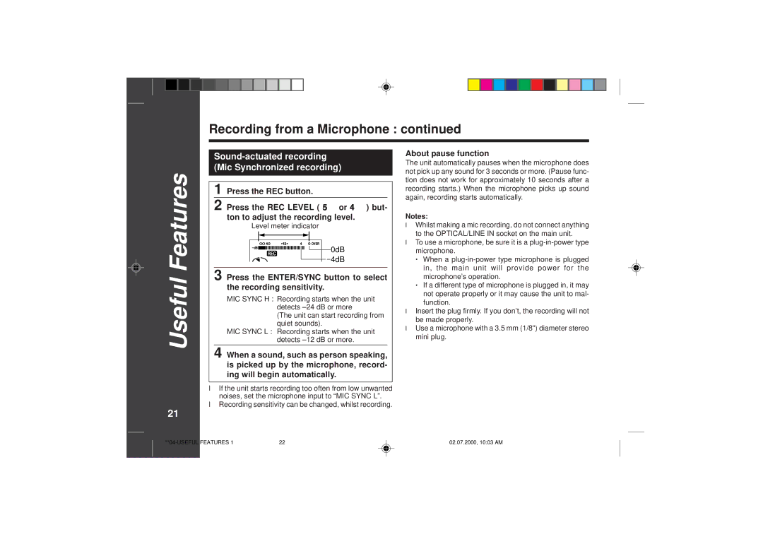 Sharp MD-SR60E operation manual Sound-actuated recording Mic Synchronized recording, About pause function 