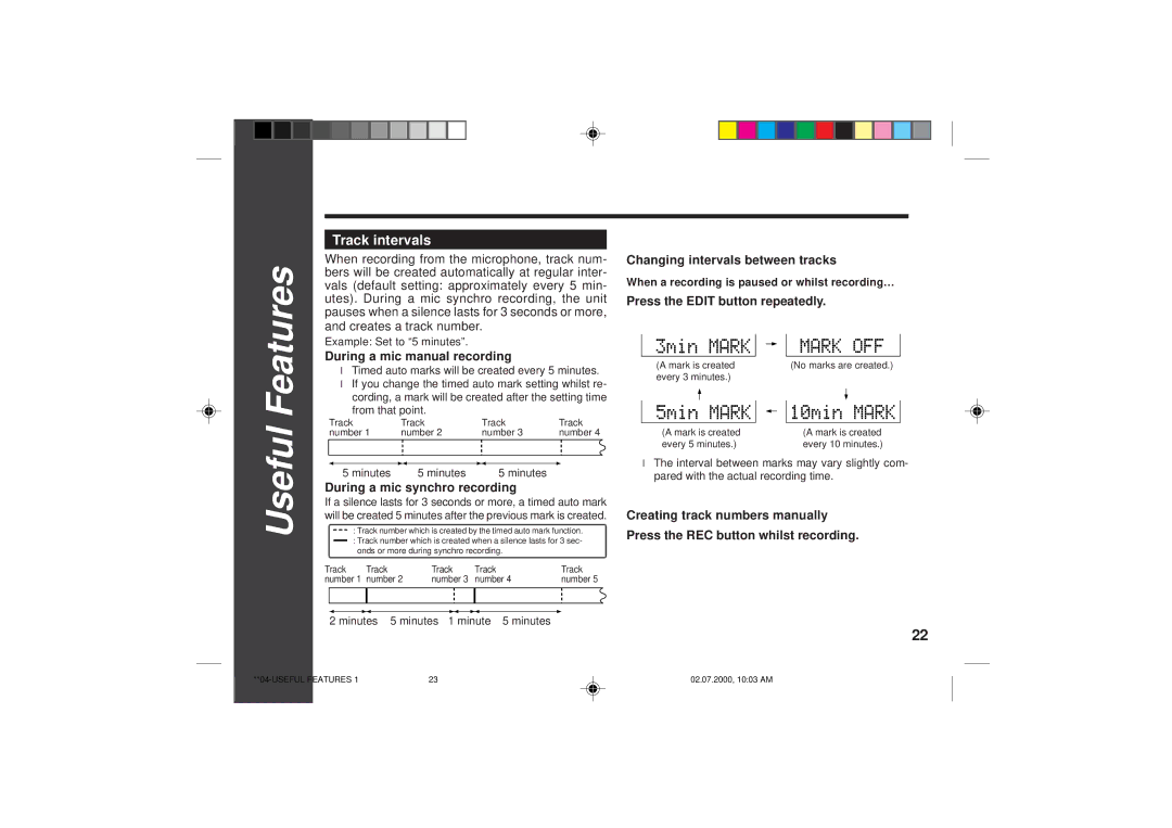 Sharp MD-SR60E operation manual Track intervals, During a mic manual recording, During a mic synchro recording 