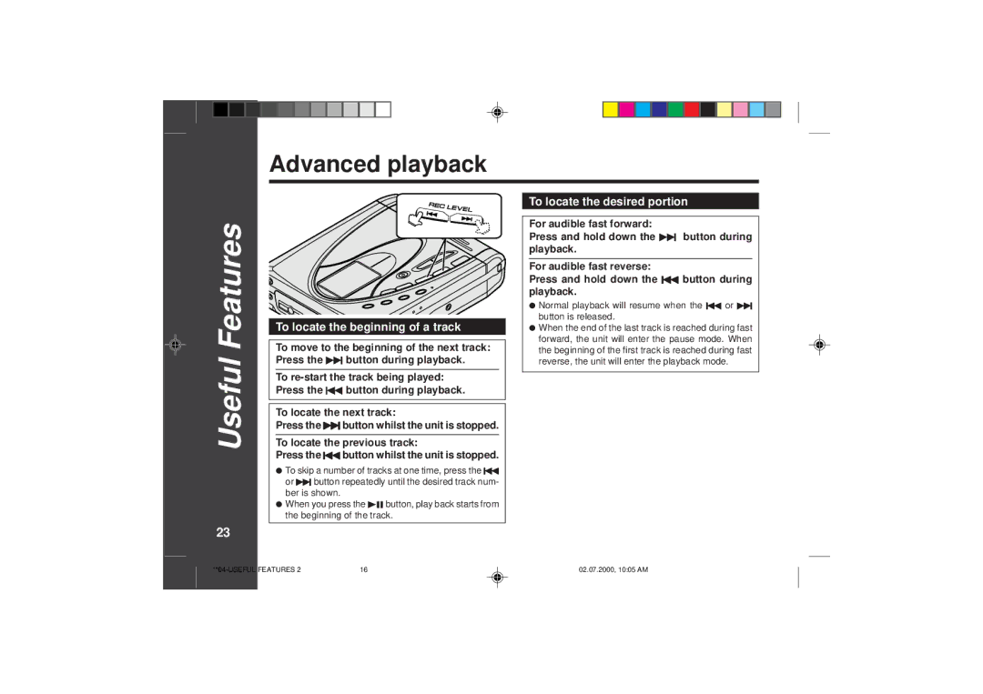 Sharp MD-SR60E operation manual Advanced playback, 2316, To locate the beginning of a track, To locate the desired portion 