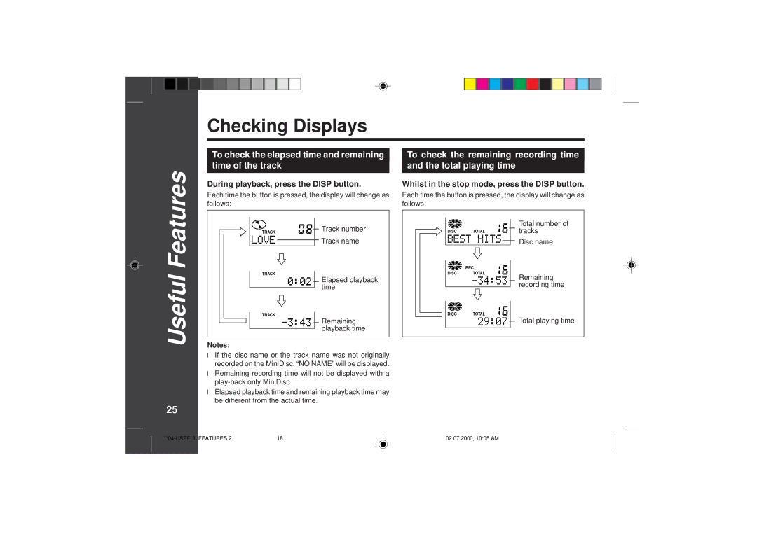 Sharp MD-SR60E operation manual Checking Displays, 2518, To check the elapsed time and remaining time of the track 