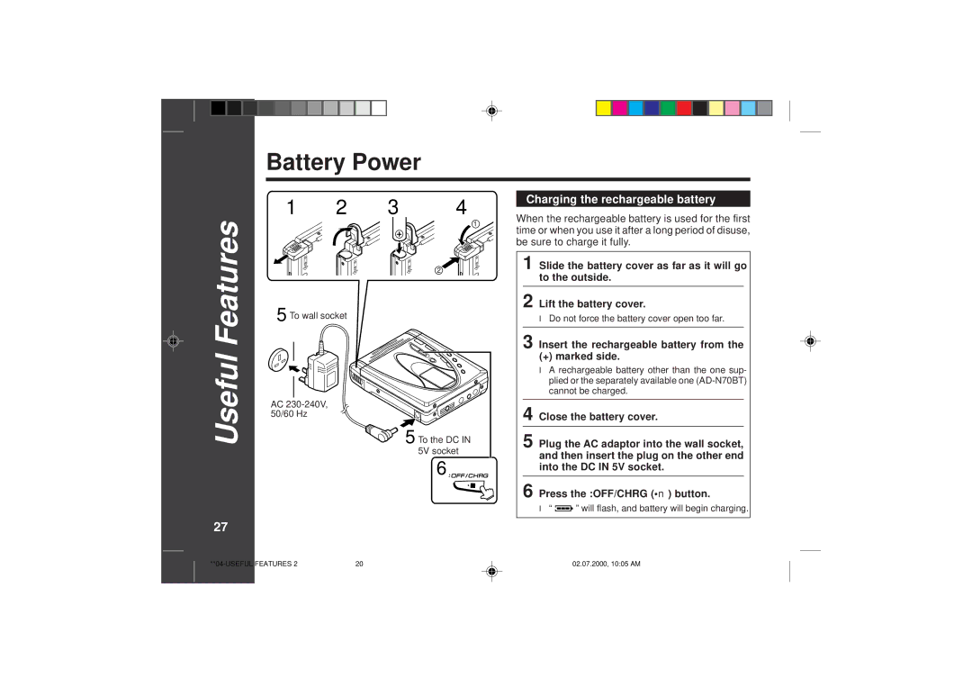 Sharp MD-SR60E Battery Power, 270, Charging the rechargeable battery, Insert the rechargeable battery from + marked side 