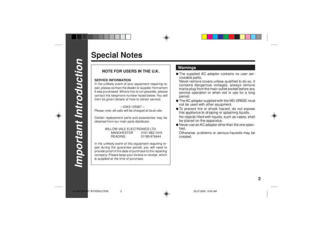 Sharp MD-SR60E operation manual Special Notes, Service Information 