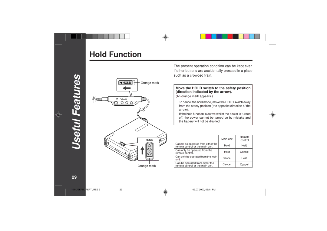 Sharp MD-SR60E Hold Function, Move the Hold switch to the safety position, Direction indicated by the arrow 