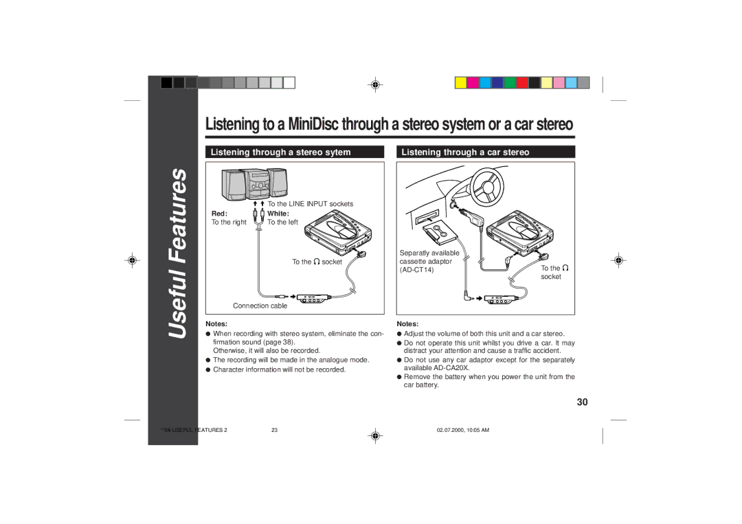 Sharp MD-SR60E operation manual Listening through a stereo sytem, Listening through a car stereo, Red White 