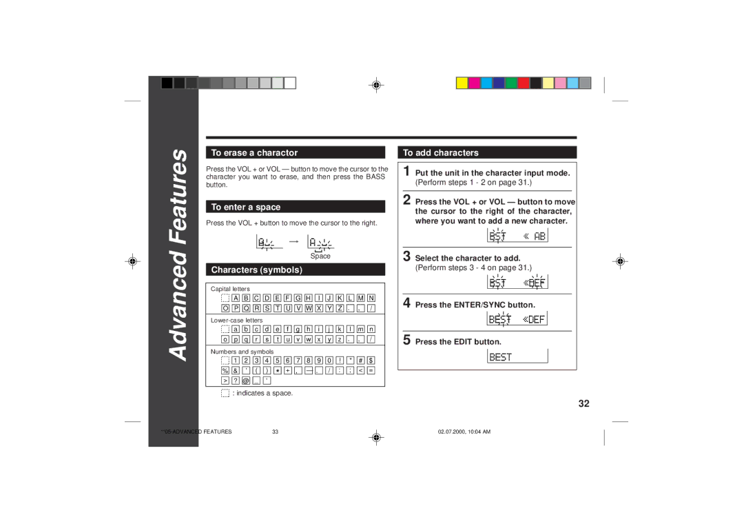 Sharp MD-SR60E Advanced Features, To erase a charactor, To enter a space, Characters symbols, To add characters 