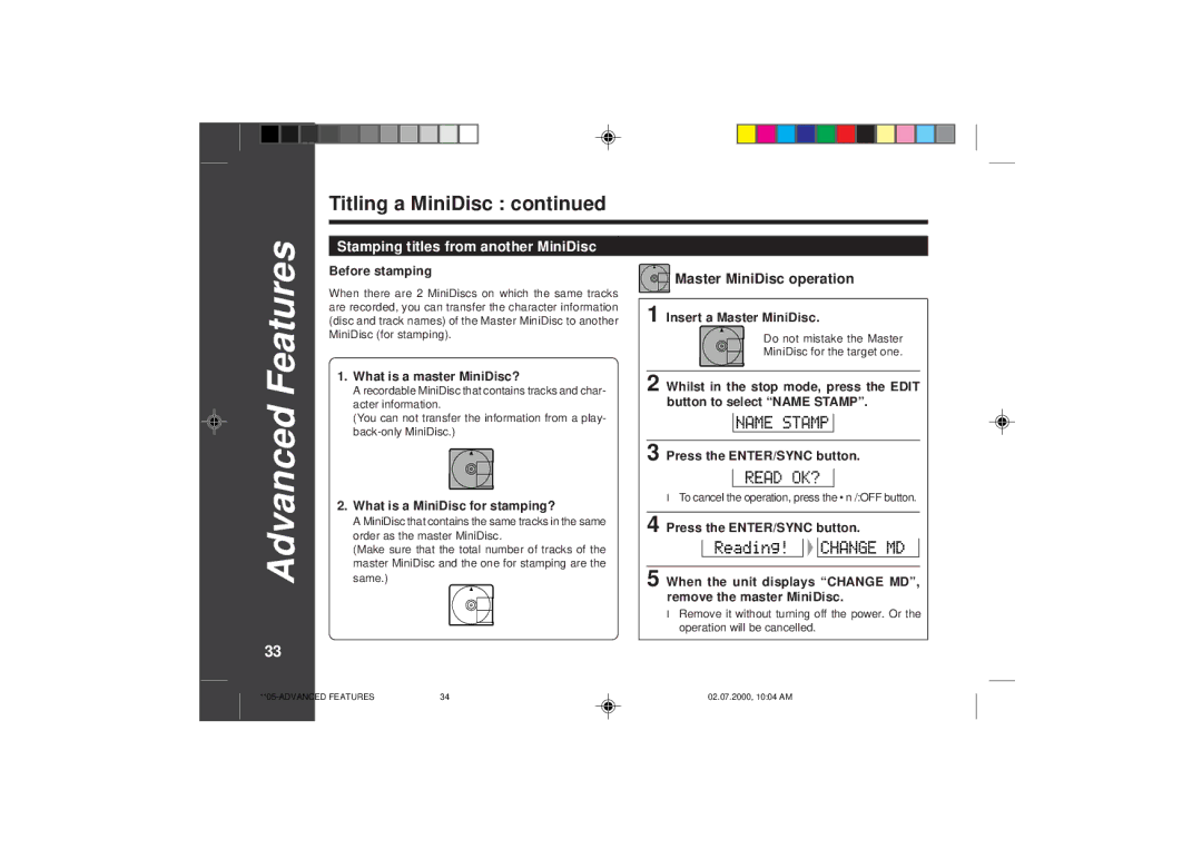 Sharp MD-SR60E operation manual Advanced, 334, Stamping titles from another MiniDisc 