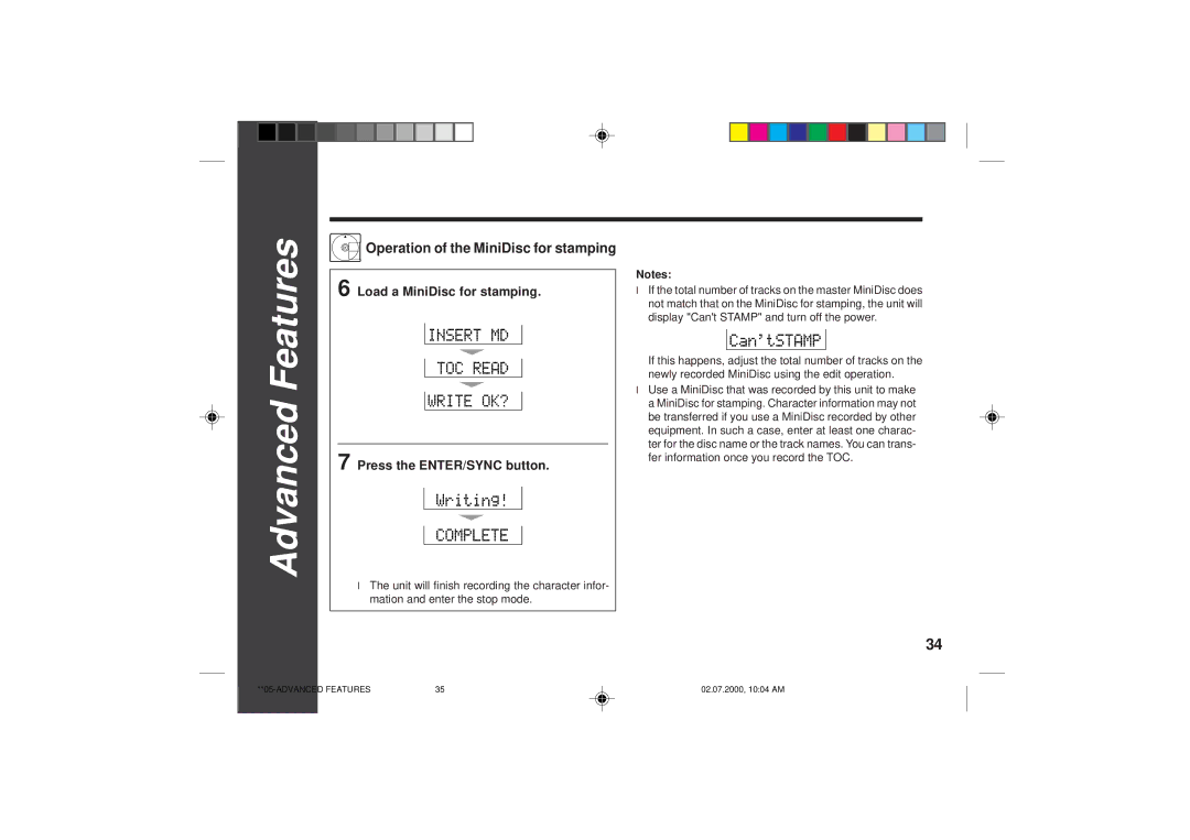 Sharp MD-SR60E Operation of the MiniDisc for stamping, Load a MiniDisc for stamping Press the ENTER/SYNC button 