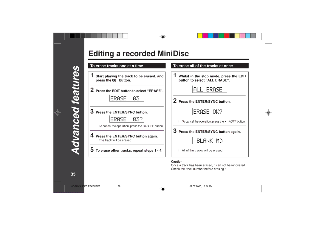 Sharp MD-SR60E Editing a recorded MiniDisc, 356, To erase tracks one at a time, To erase all of the tracks at once 