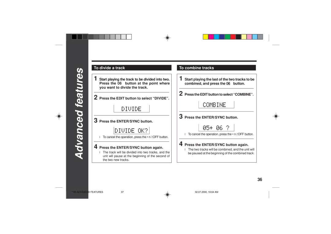 Sharp MD-SR60E operation manual To divide a track, To combine tracks 