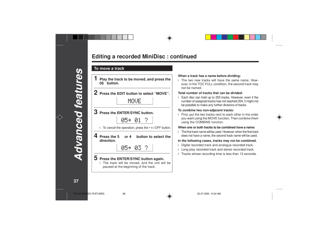 Sharp MD-SR60E operation manual 378, To move a track 