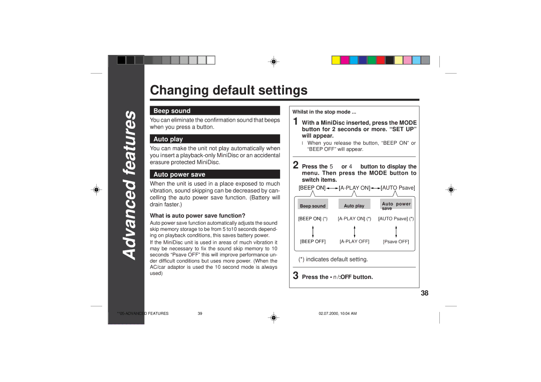 Sharp MD-SR60E operation manual Changing default settings, Beep sound, Auto play, Auto power save 