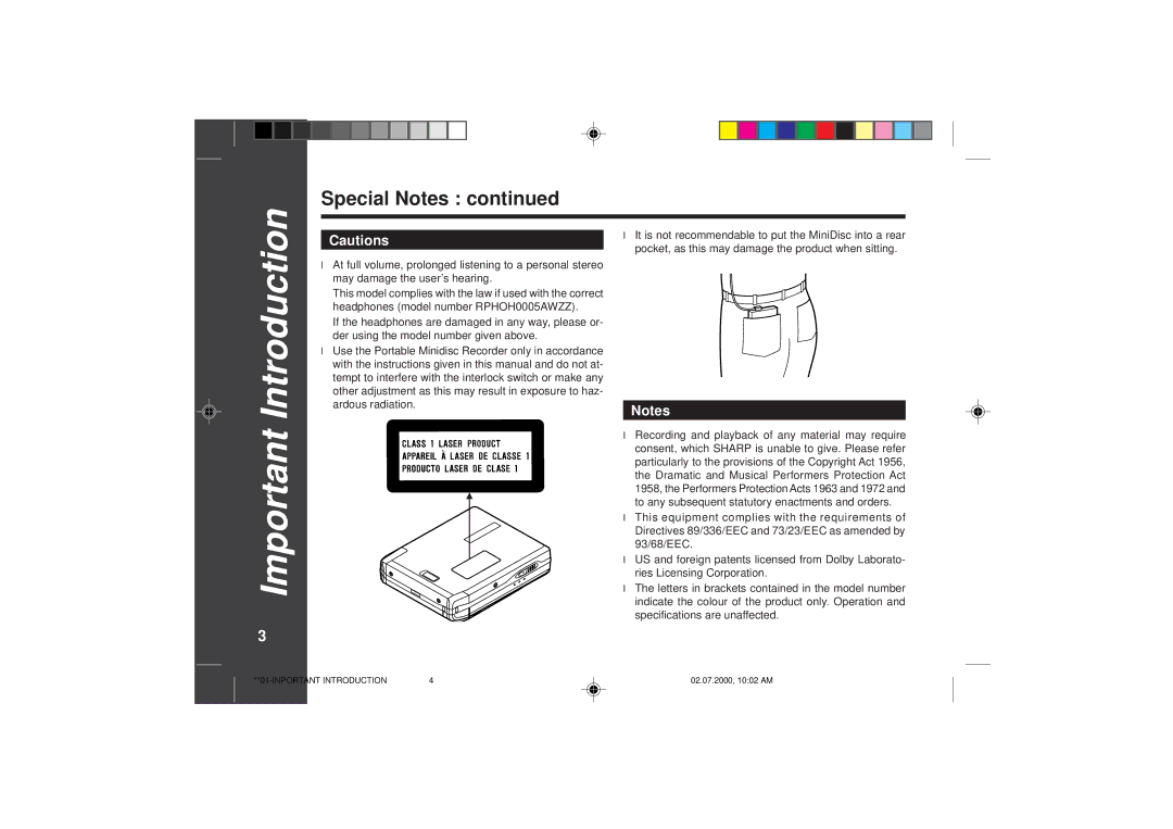 Sharp MD-SR60E operation manual IntroductionImportant 