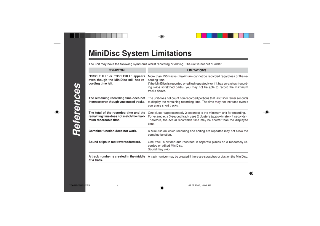 Sharp MD-SR60E operation manual MiniDisc System Limitations, You erase short tracks 