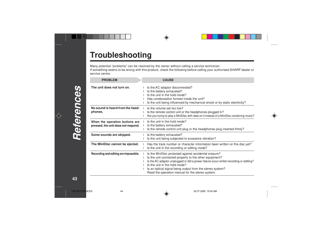 Sharp MD-SR60E operation manual Troubleshooting, Unit does not turn on, Phones, Some sounds are skipped 