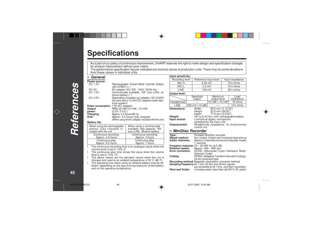 Sharp MD-SR60E operation manual Specifications, 456 