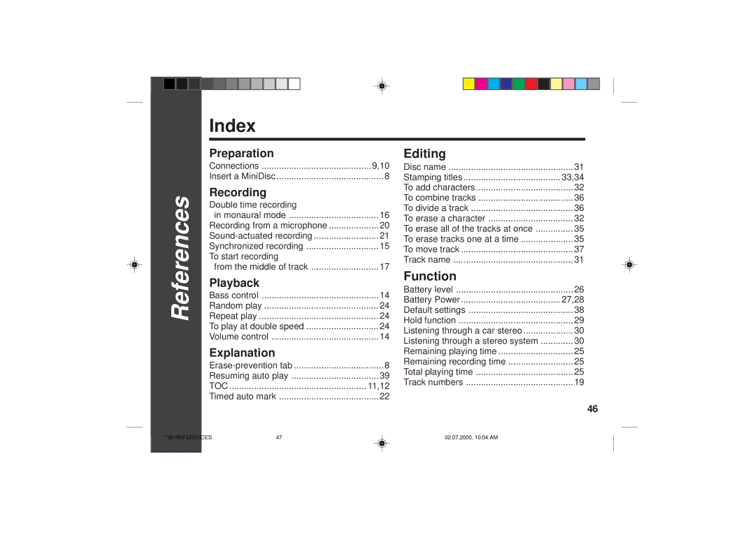 Sharp MD-SR60E operation manual Index 