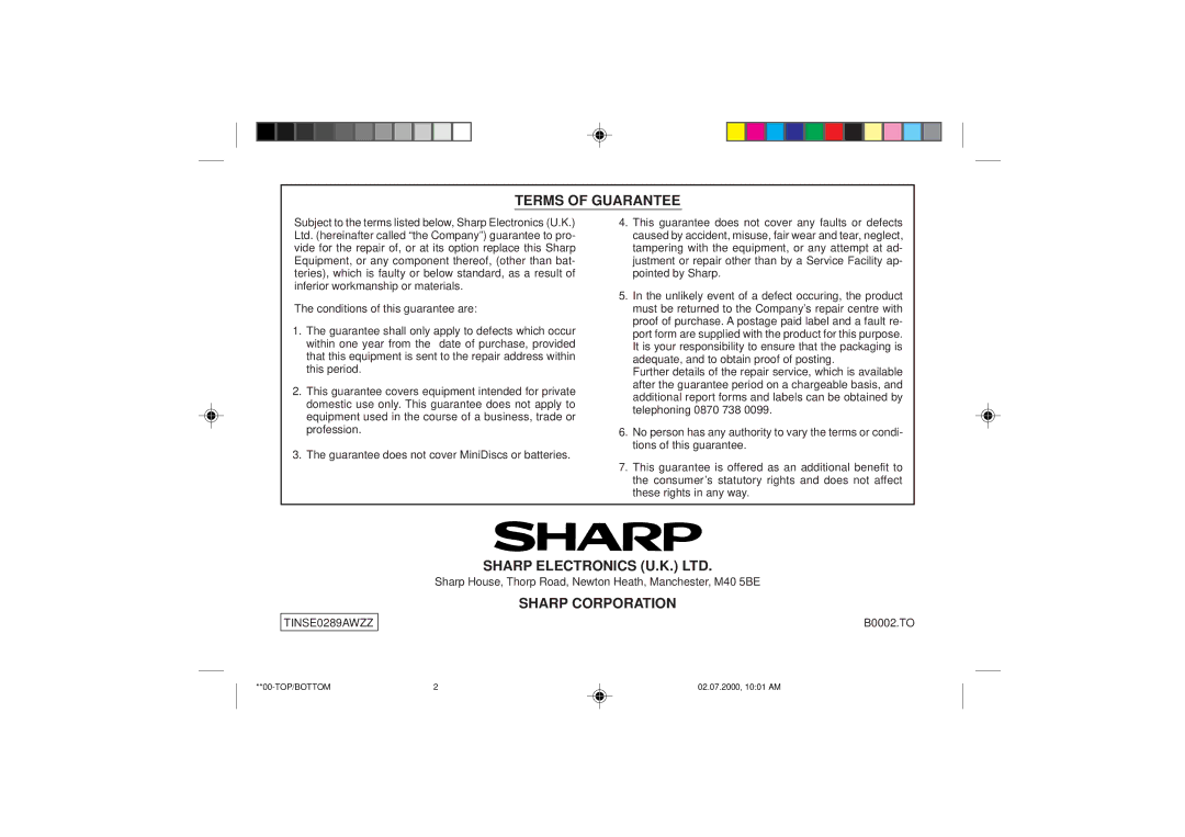 Sharp MD-SR60E operation manual Sharp House, Thorp Road, Newton Heath, Manchester, M40 5BE, B0002.TO 