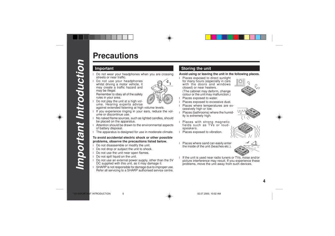 Sharp MD-SR60E operation manual Precautions, Storing the unit, Avoid using or leaving the unit in the following places 