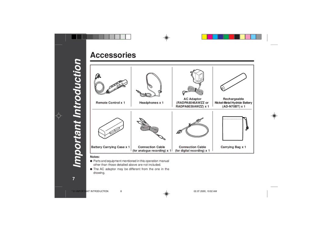 Sharp MD-SR60E Accessories, AC Adaptor Rechargeable Remote Control x Headphones x, AD-N70BT x, Connection Cable 