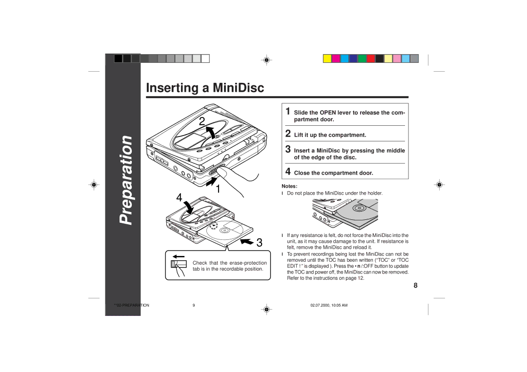 Sharp MD-SR60E operation manual Preparation, Inserting a MiniDisc 