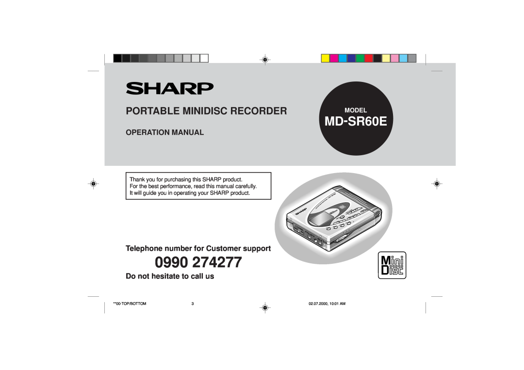 Sharp MD-SR60E operation manual Portable Minidisc Recorder, 0990, Operation Manual, Telephone number for Customer support 