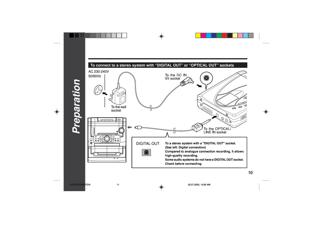 Sharp MD-SR60E operation manual Connections : continued, 1110, Preparation, AC 230-240V50/60Hz, To the DC IN 5V socket 