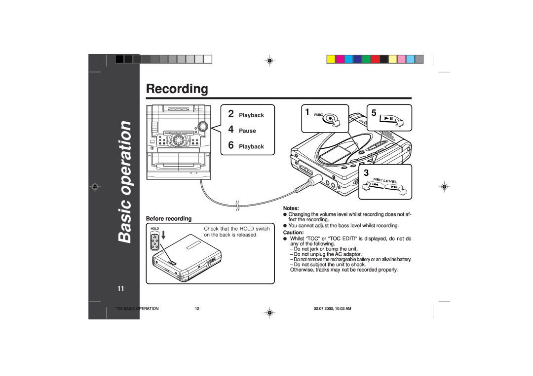 Sharp MD-SR60E operation manual Basic, Recording, Pause 6 Playback, Before recording 