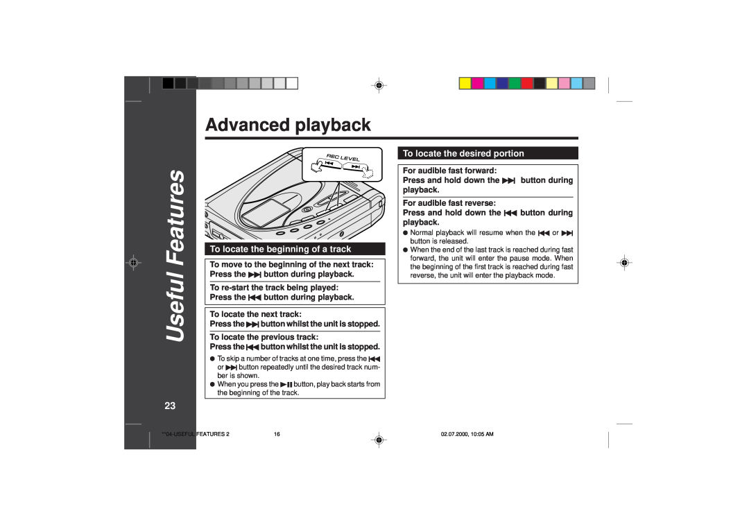 Sharp MD-SR60E Advanced playback, 2316, Useful Features, To locate the next track, To locate the previous track 