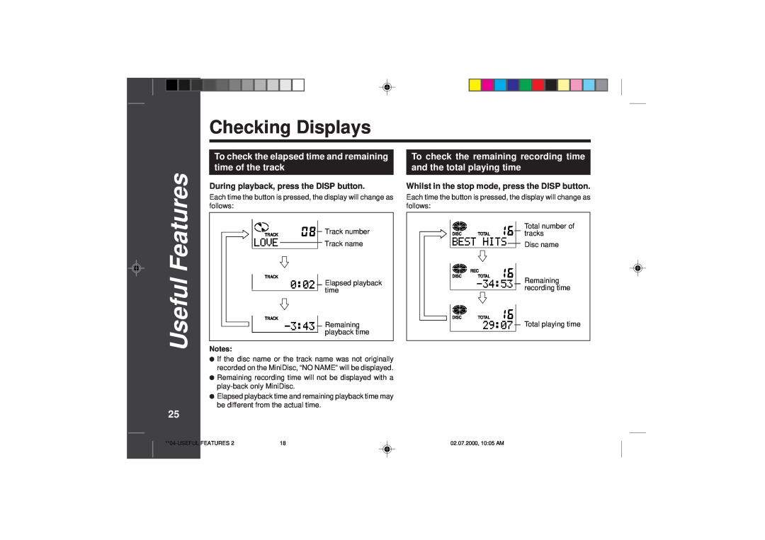 Sharp MD-SR60E operation manual Checking Displays, Useful Features, 2518 
