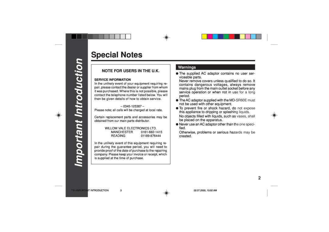 Sharp MD-SR60E Special Notes, Note For Users In The U.K, Important Introduction, Warnings, be placed on the apparatus 