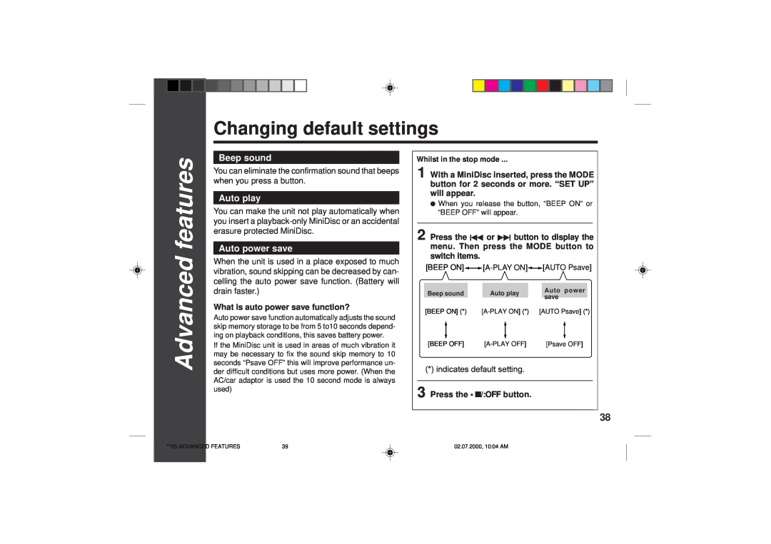 Sharp MD-SR60E operation manual Changing default settings, 3938, Advanced features, What is auto power save function? 