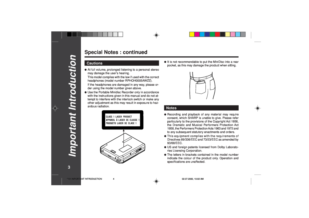Sharp MD-SR60E operation manual IntroductionImportant, Special Notes : continued 