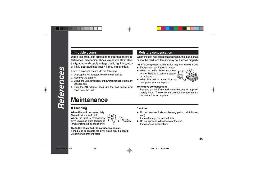 Sharp MD-SR60E operation manual Maintenance, 4544, Cleaning, References, If trouble occurs, Moisture condensation 