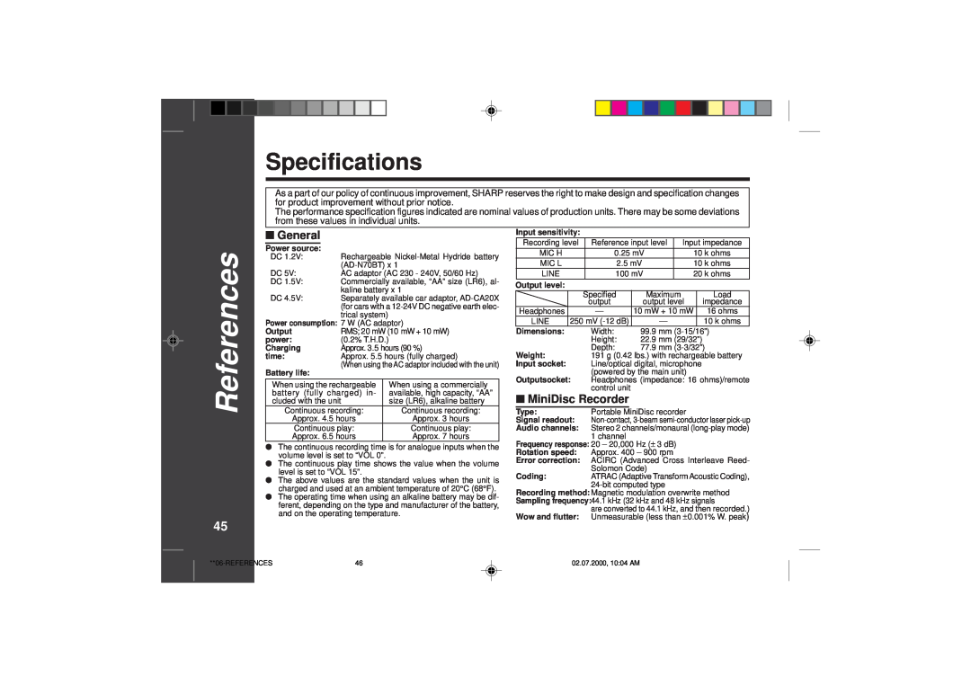 Sharp MD-SR60E operation manual Specifications, General, MiniDisc Recorder, References 