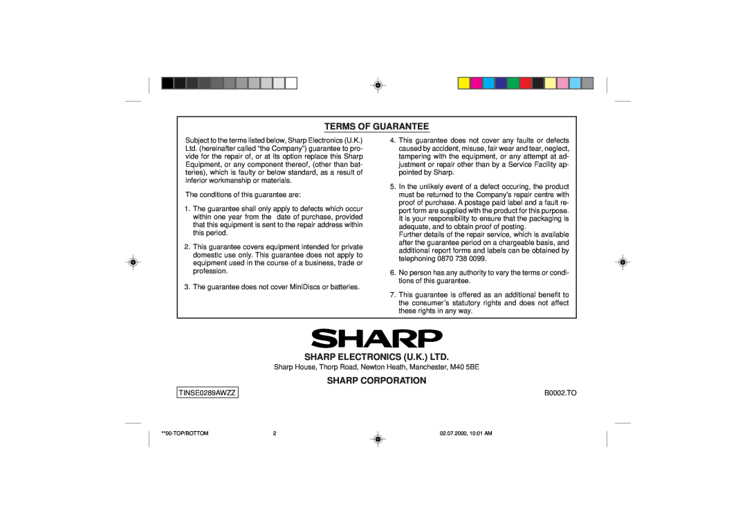 Sharp MD-SR60E operation manual Terms Of Guarantee, Sharp Electronics U.K. Ltd, Sharp Corporation 