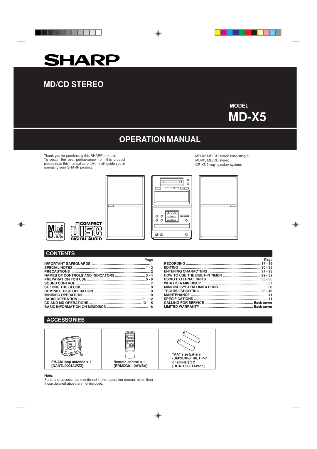 Sharp MD X5 operation manual Model, A0004CONTENTS, Accessories 