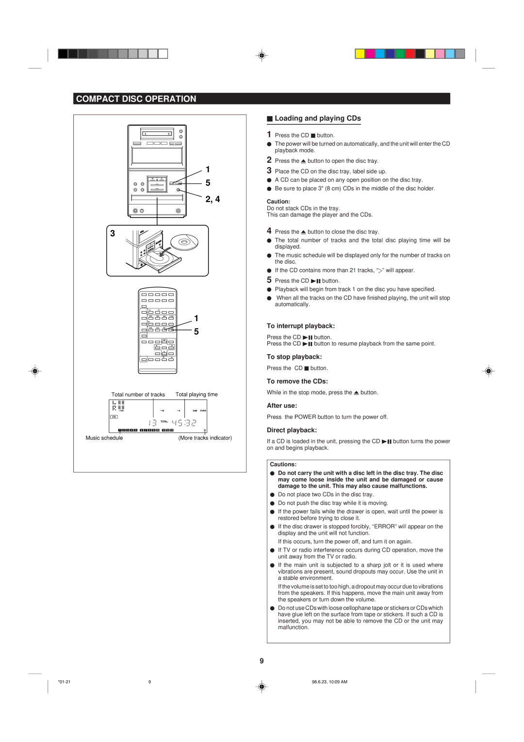 Sharp MD X5 operation manual Compact Disc Operation, Loading and playing CDs 