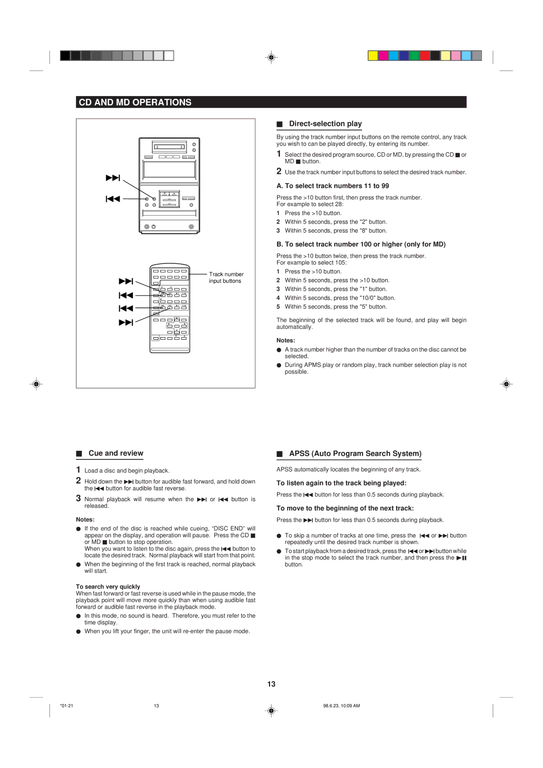 Sharp MD X5 operation manual CD and MD Operations, Cue and review, Direct-selection play, Apss Auto Program Search System 