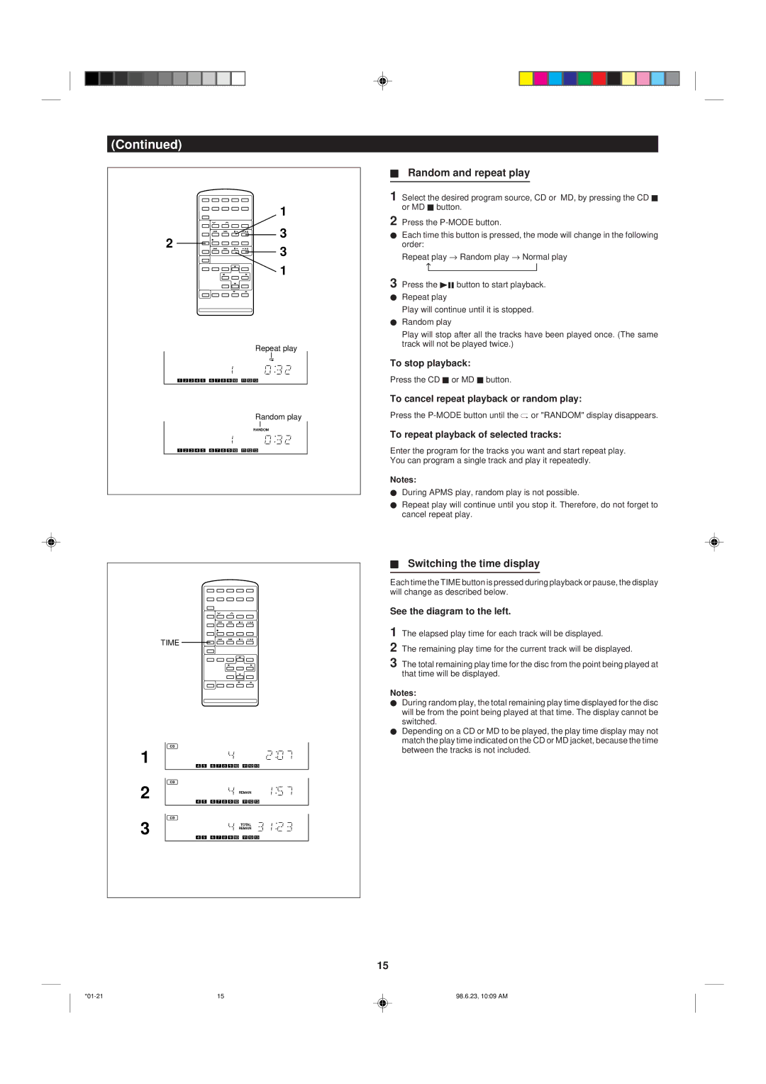 Sharp MD X5 operation manual Random and repeat play, Switching the time display, To cancel repeat playback or random play 