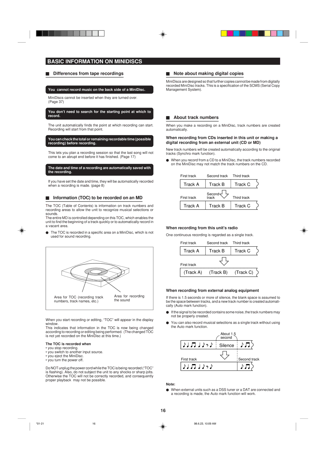 Sharp MD X5 Basic Information on Minidiscs, Differences from tape recordings, Information TOC to be recorded on an MD 