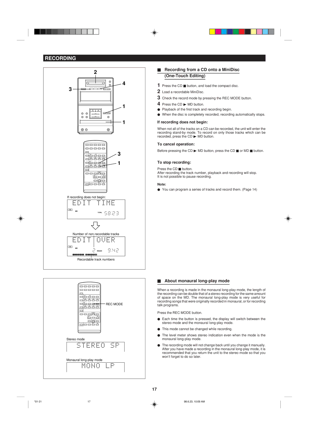 Sharp MD X5 operation manual Recording from a CD onto a MiniDisc One-Touch Editing, About monaural long-play mode 