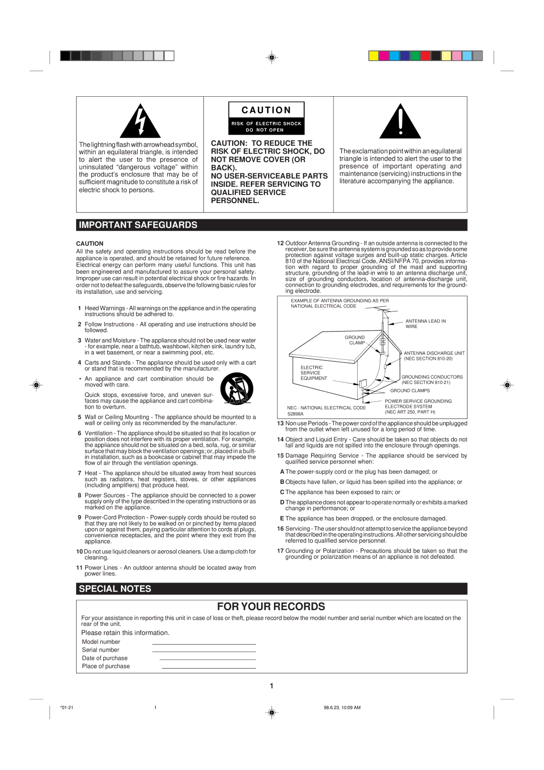 Sharp MD X5 operation manual Important Safeguards, Special Notes 