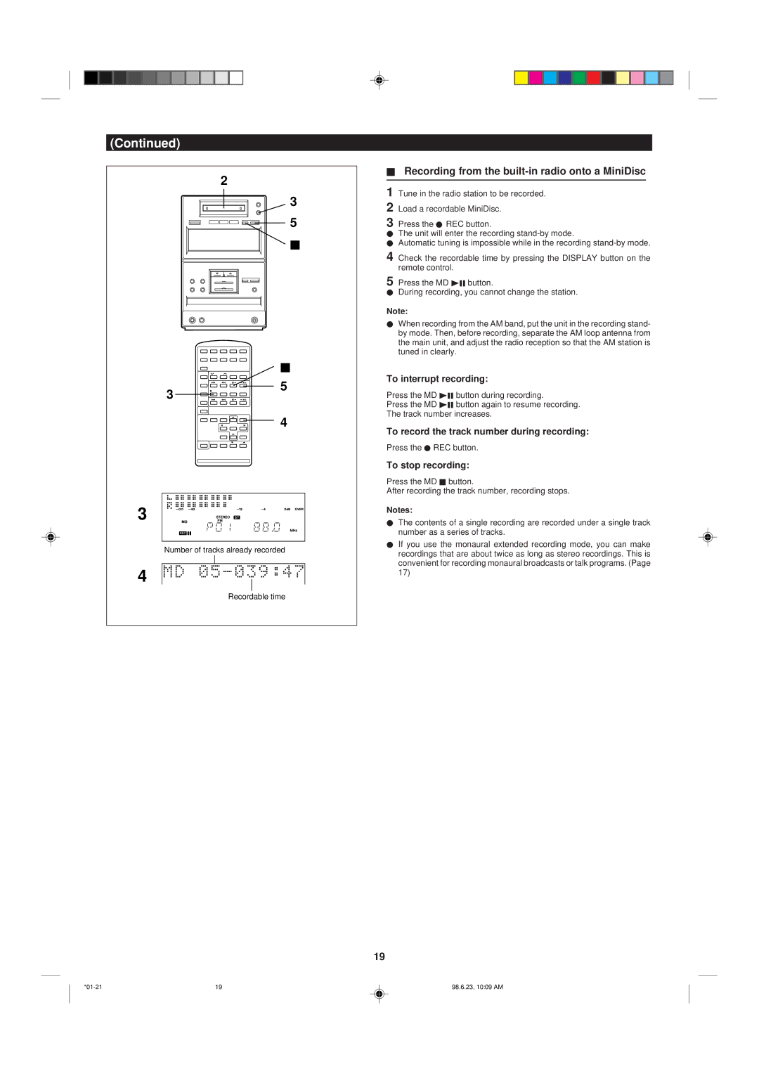 Sharp MD X5 operation manual Recording from the built-in radio onto a MiniDisc, To interrupt recording 