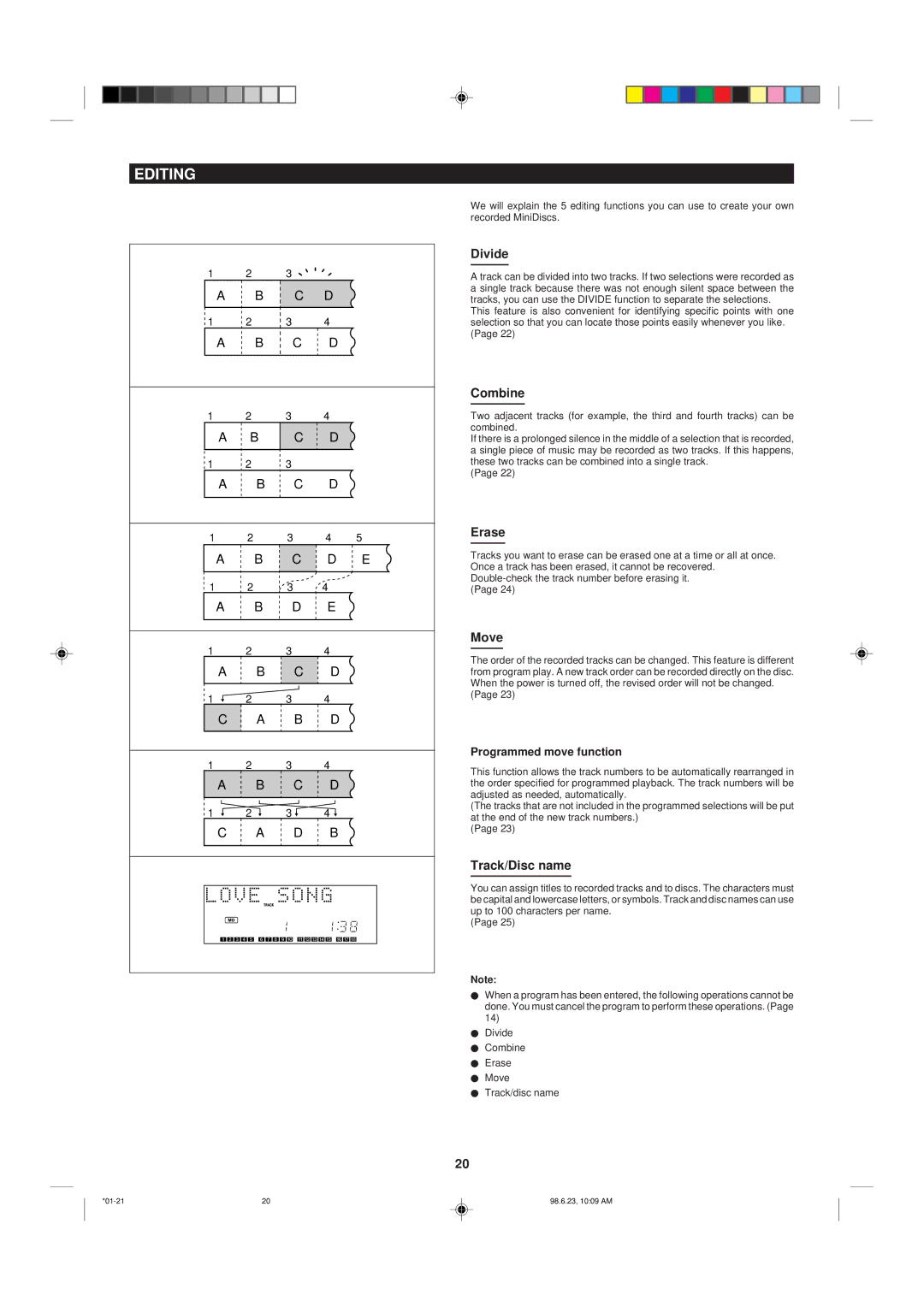 Sharp MD X5 operation manual Editing 