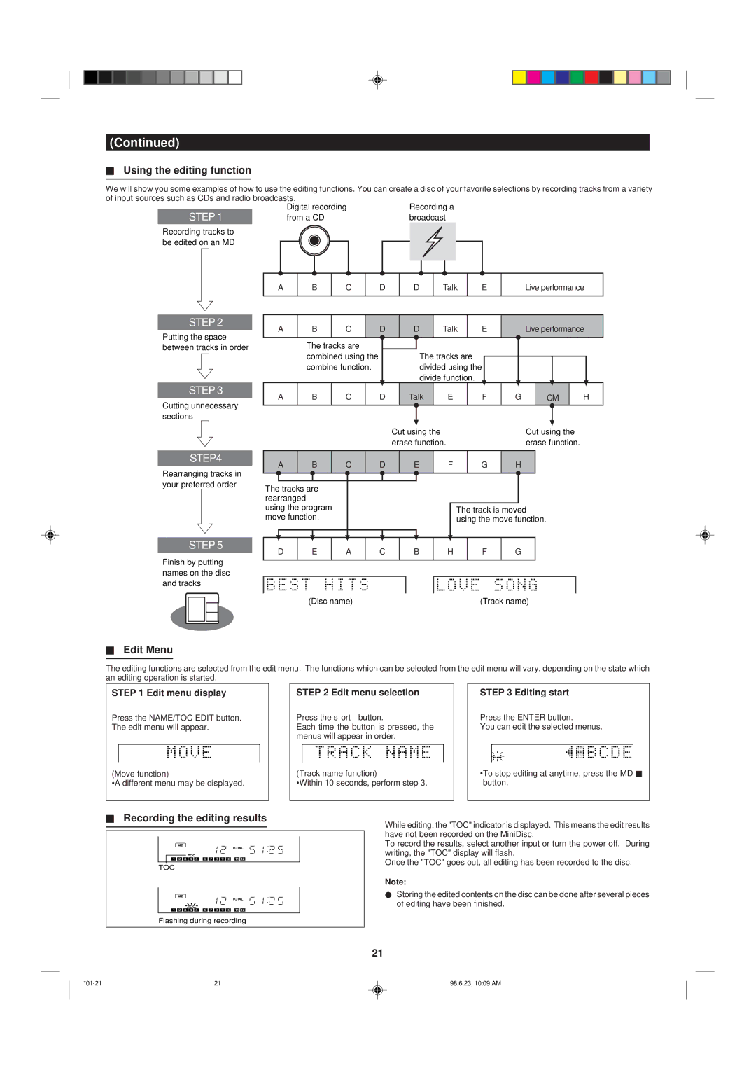 Sharp MD X5 operation manual Using the editing function, Edit Menu, Recording the editing results 