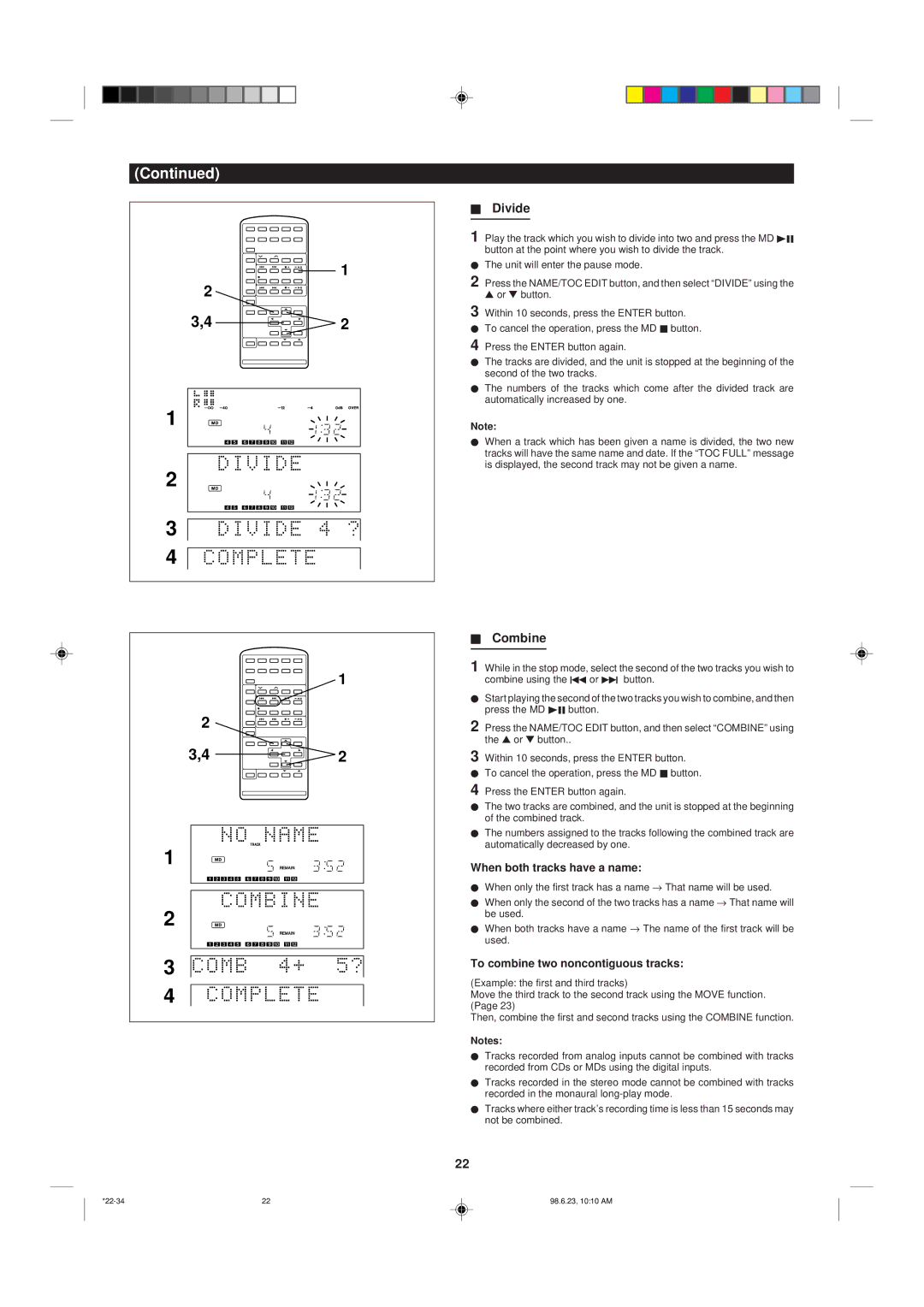 Sharp MD X5 operation manual When both tracks have a name, To combine two noncontiguous tracks 