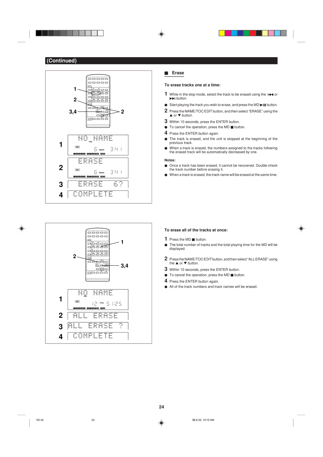 Sharp MD X5 operation manual To erase tracks one at a time, To erase all of the tracks at once 