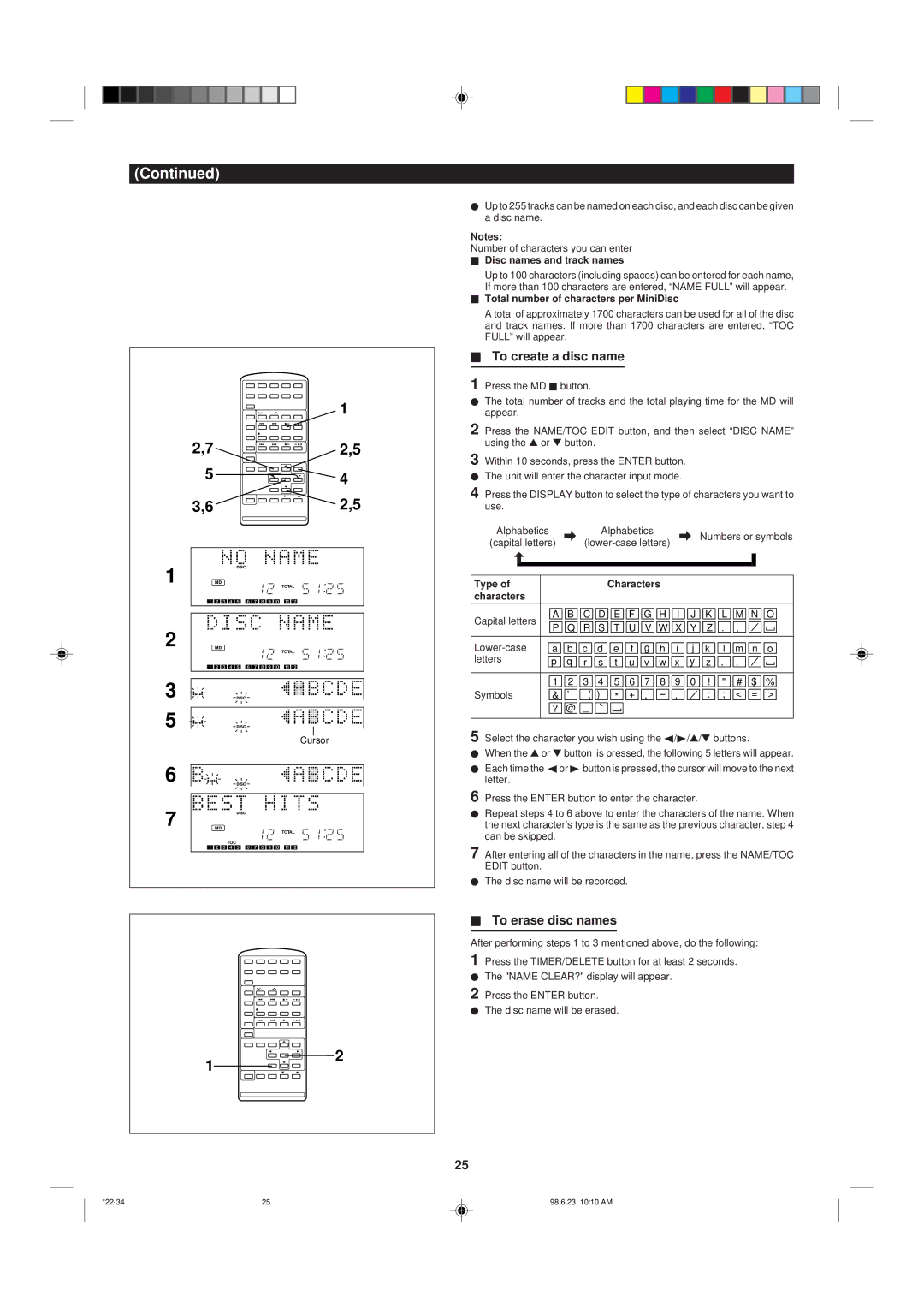 Sharp MD X5 operation manual To create a disc name, To erase disc names, Type Characters 