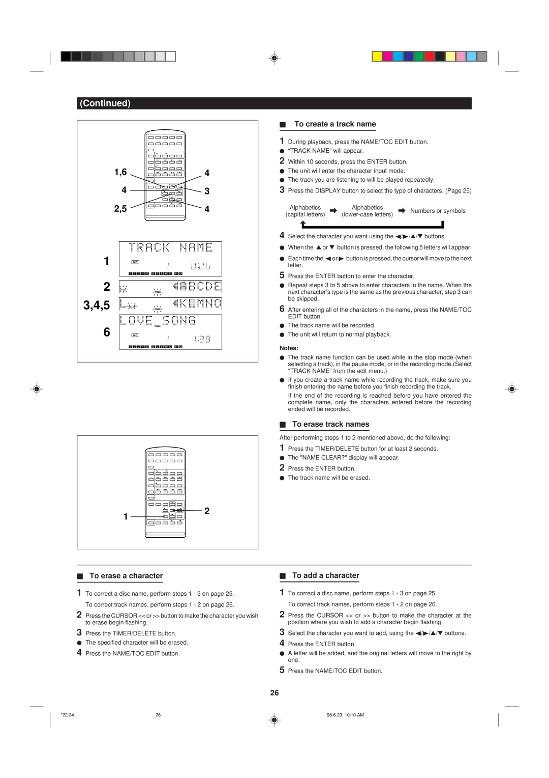 Sharp MD X5 operation manual To create a track name, To erase track names, To erase a character, To add a character 